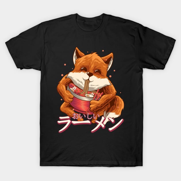 Fox Eating Ramen Ramen Noodle Lovers Fox Themed Gift T-Shirt by playingtheangel